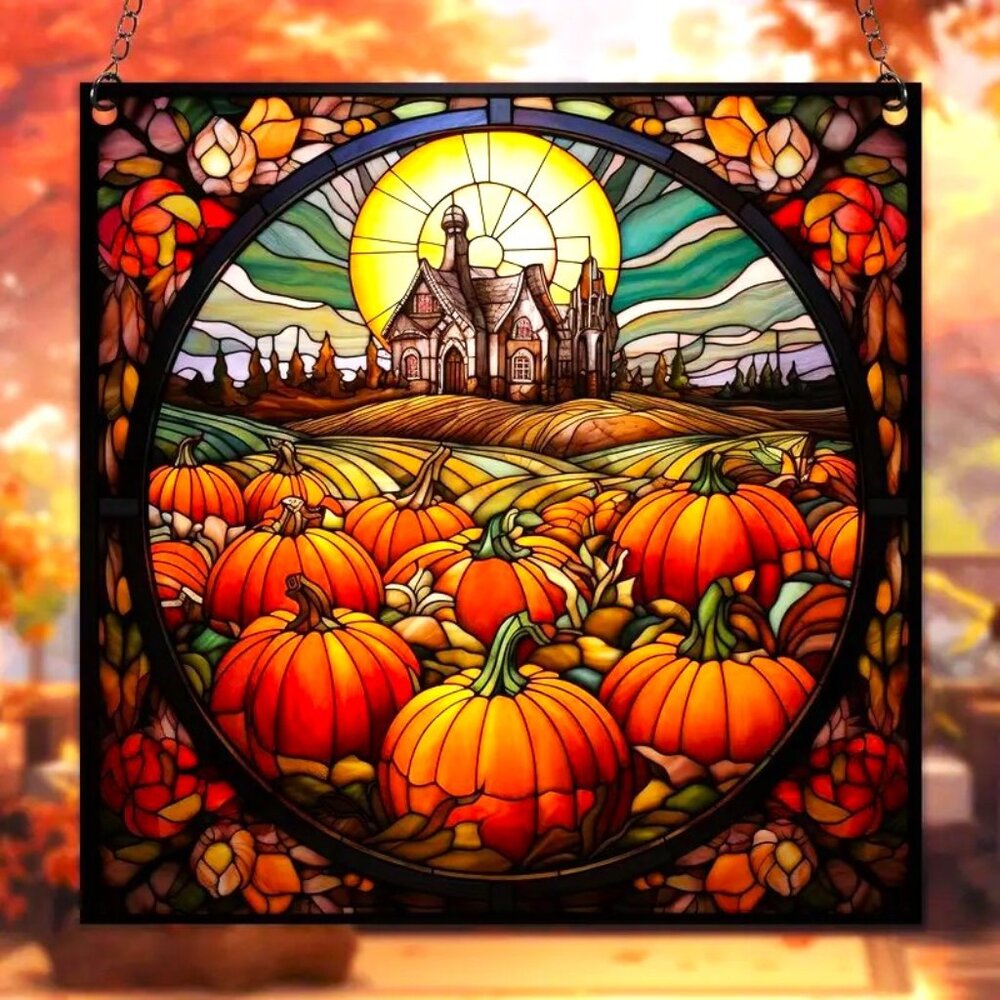 Autum Fall Scene Suncatcher Goth House Halloween Sun Pumpkin Hanging In/Outdoor